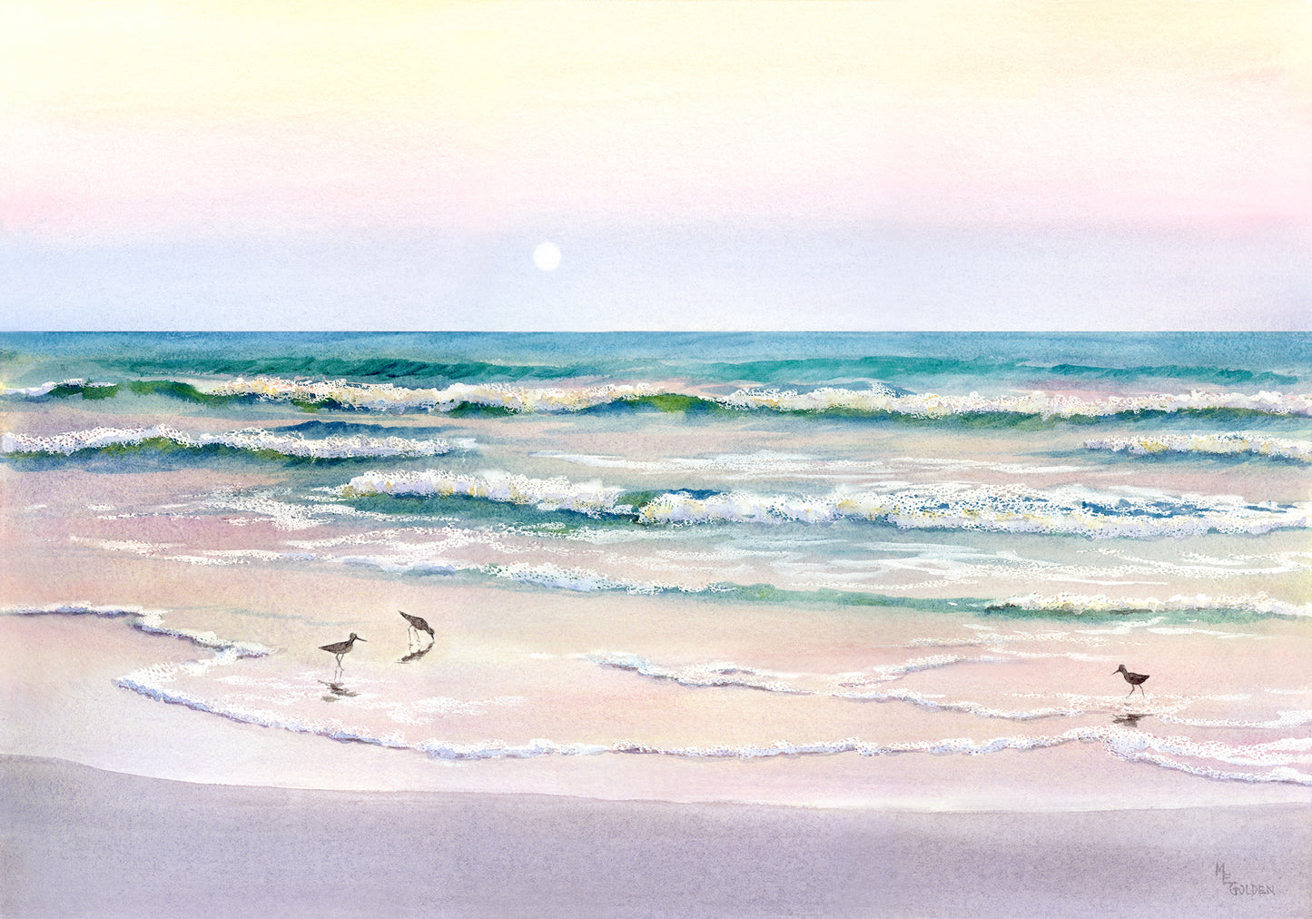 Moonrise beach with sandpipers Giclée Print