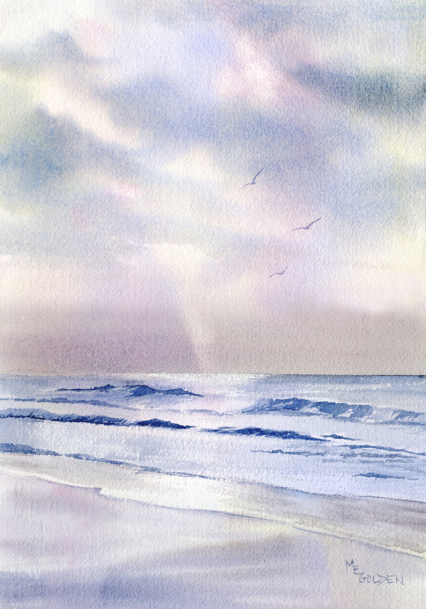 Silver Morning Seascape with waves, clouds, and a ray of light Giclée Print