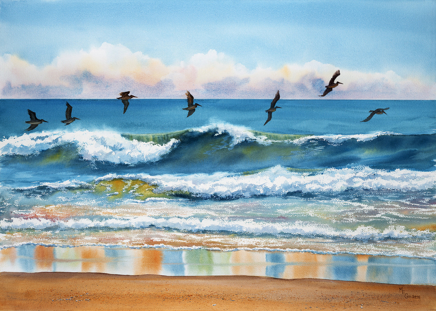 Riding the Crest pelicans just above an ocean wave Giclée Print