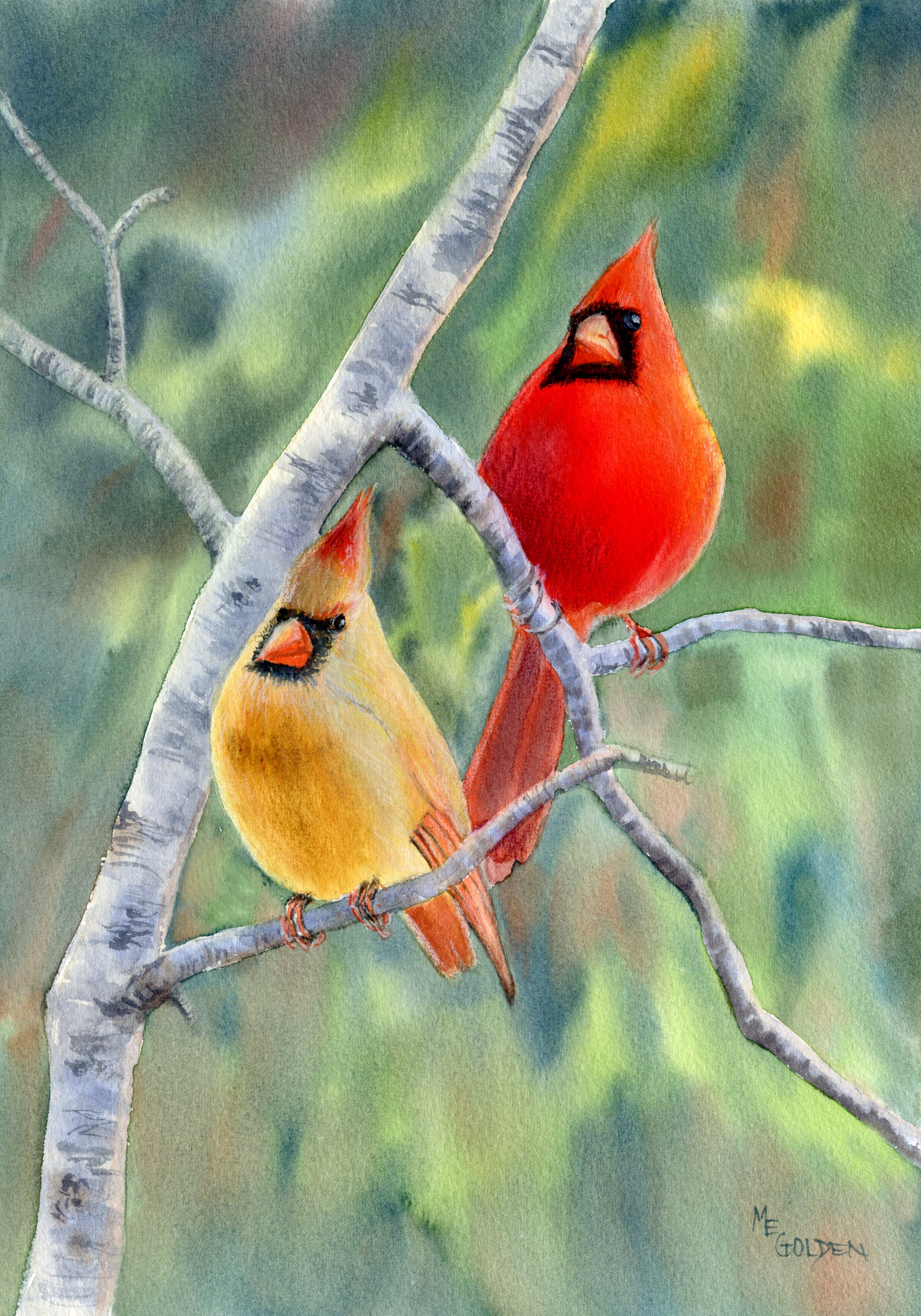 Female fashion and Male Cardinals, Amazing Grace, Titled Two Cardinals Giclée on Paper, Canvas or Mounted to Wood