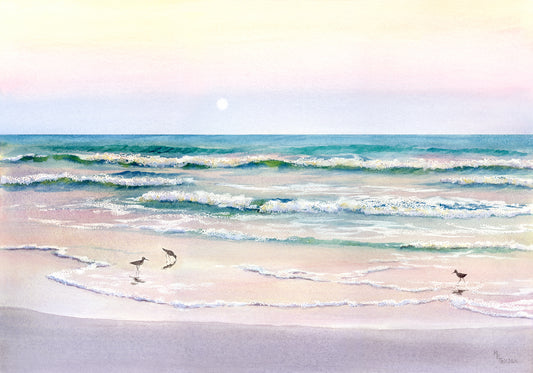 Moonrise beach with sandpipers Giclée Print