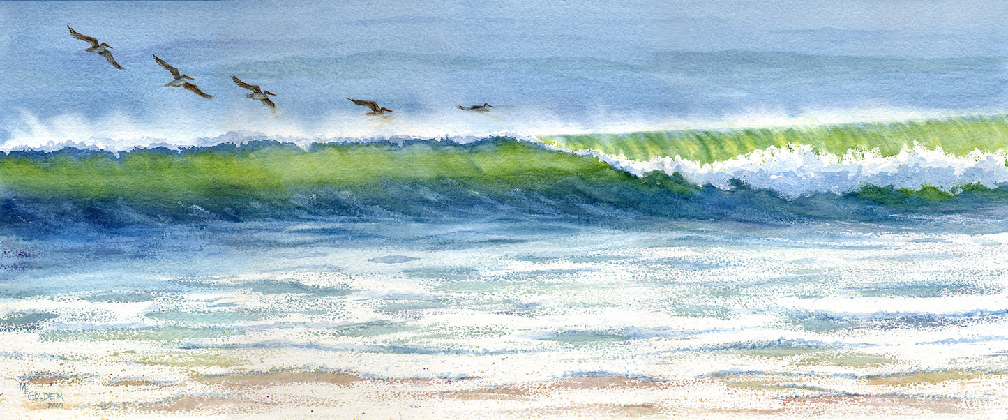 Rolling Along pelicans just above the crest of a wave Giclée Print