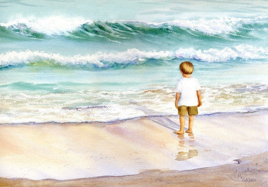 Wave Wishing giclee print with small boy beside the ocean