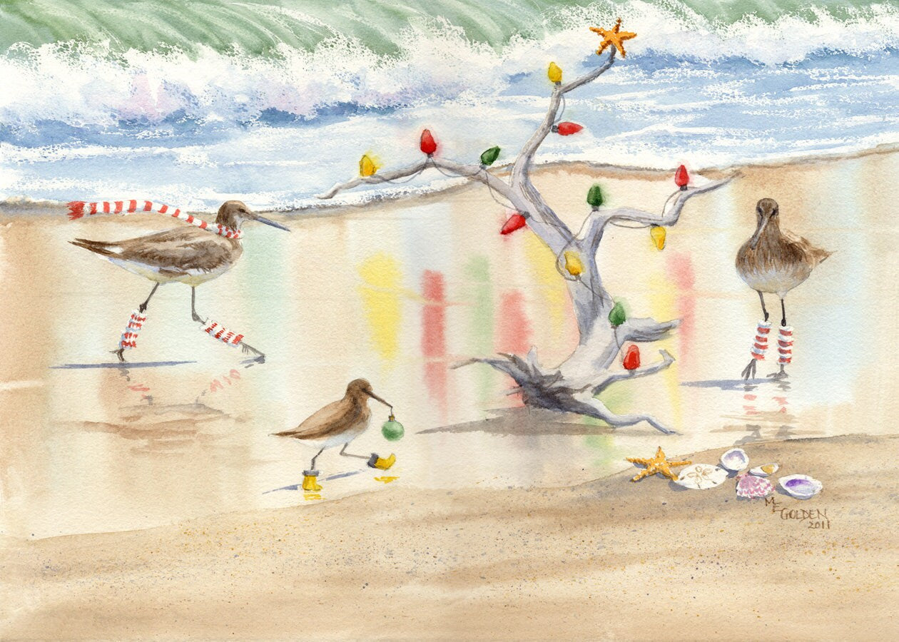 Decking the Tree sandpipers lighting driftwood Christmas tree giclee print,